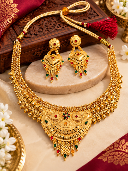 Royal Rajwadi Gold Plated Temple Choker Necklace Set with Earrings for Women