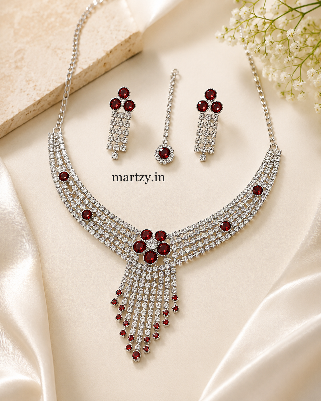 Martzy Silver Red Crystal Necklace Set with Earrings for Women