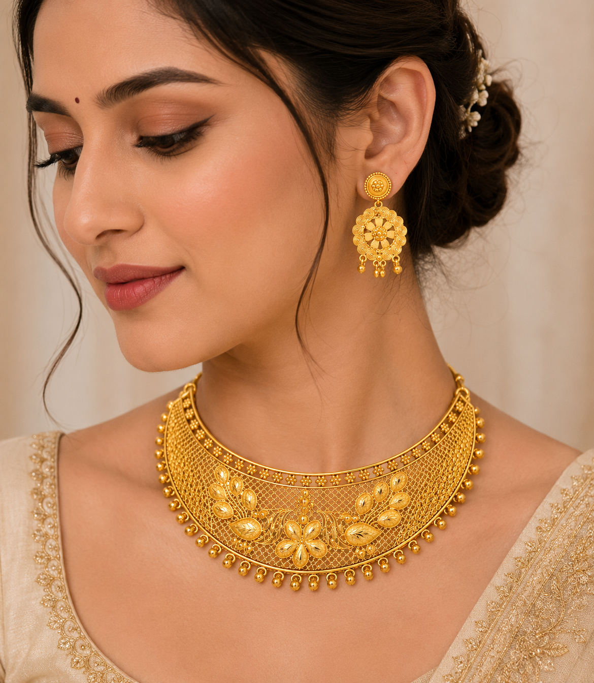 Martzy Royal Floral Gold Choker Necklace Set with Earrings