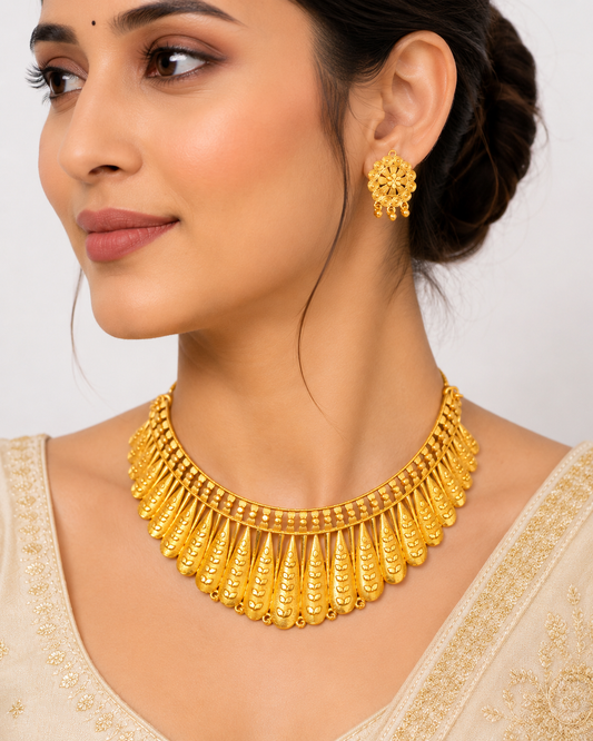 Martzy Royal Gold Petal Choker Necklace Set with Earrings for Women