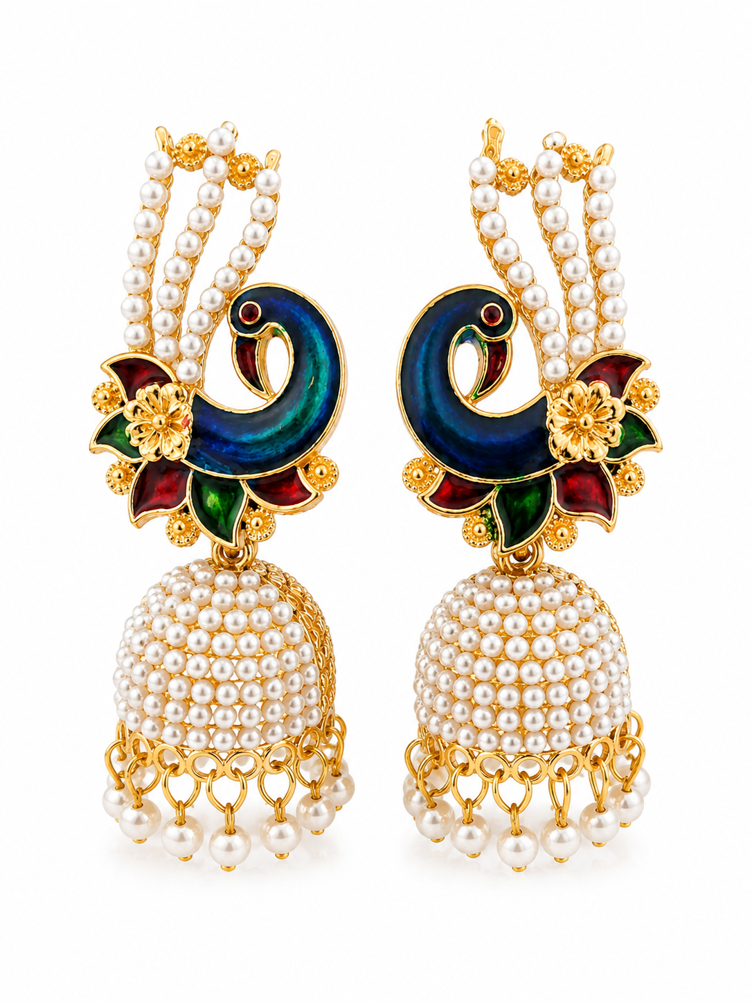 Martzy Royal Peacock Pearl Jhumka Earrings for Women