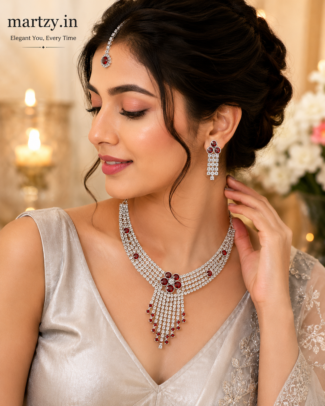 Martzy Silver Red Crystal Necklace Set with Earrings for Women