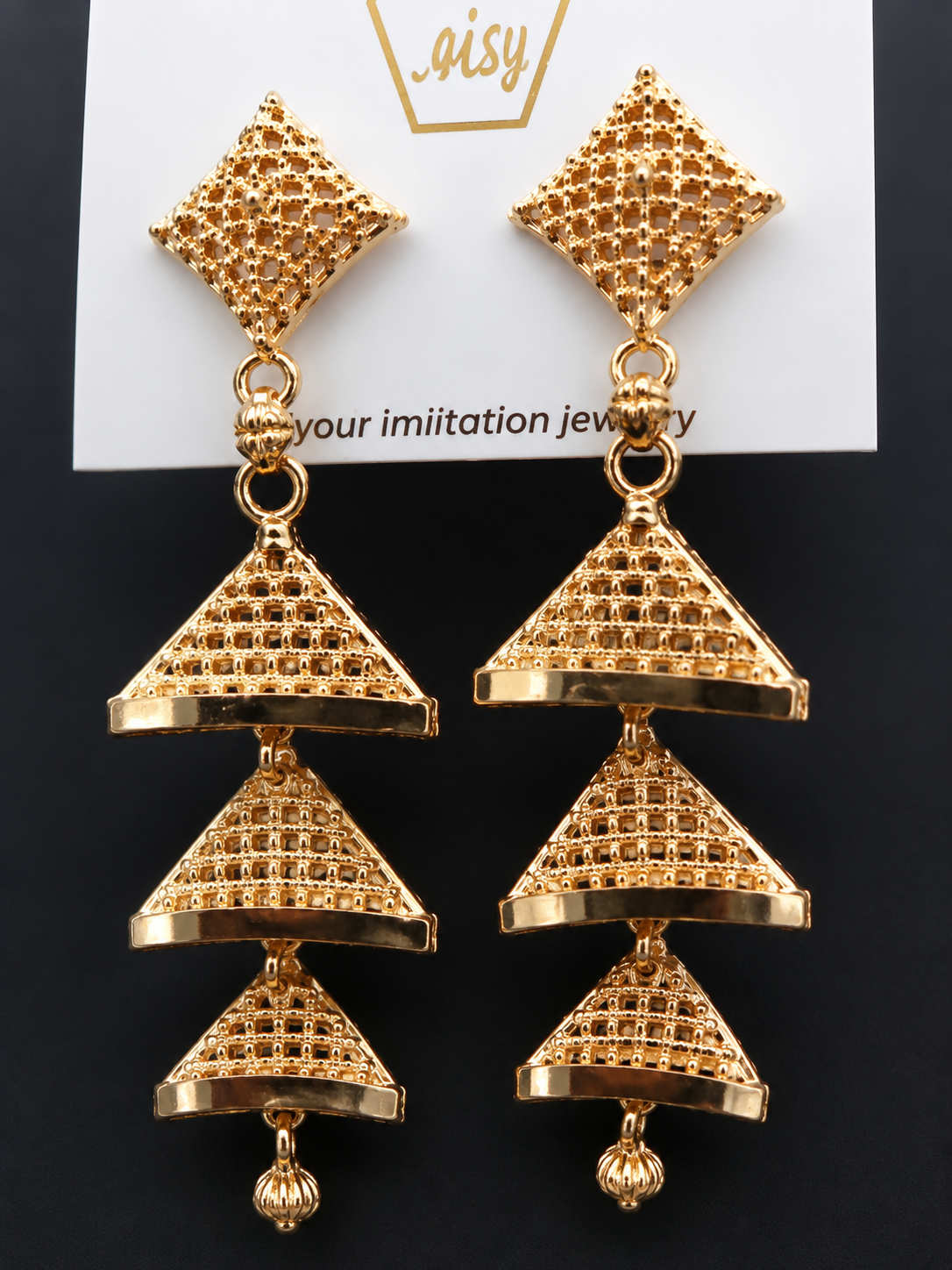 Martzy Gold Tone Pyramid Layered Dangler Earrings for Women