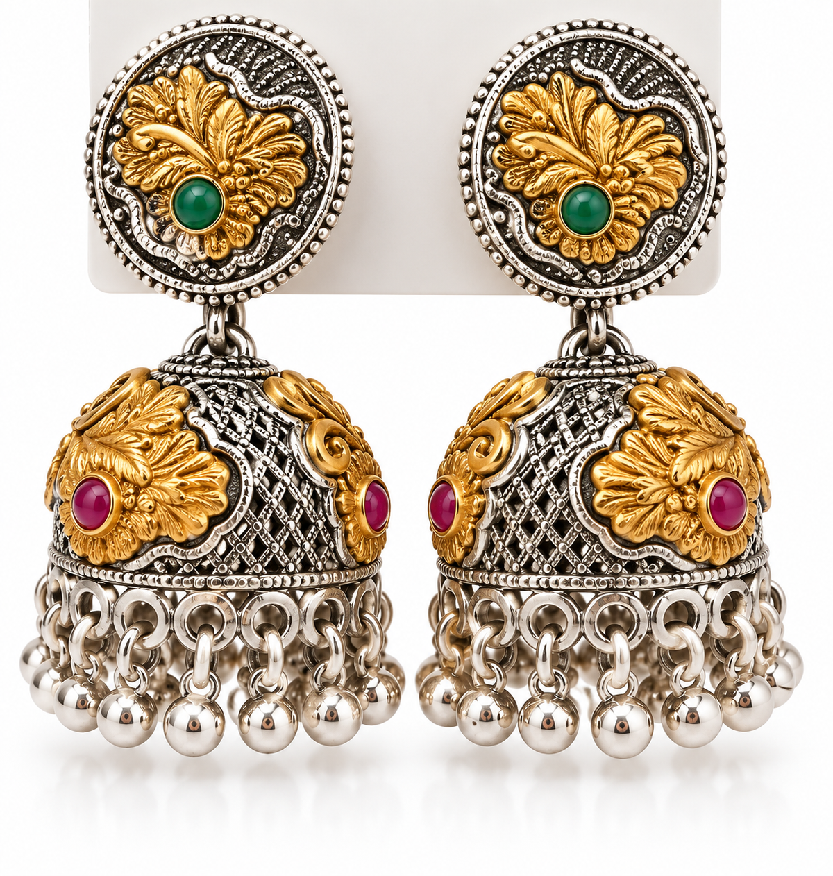 Martzy Royal Antique Green & Ruby Jhumka Earrings