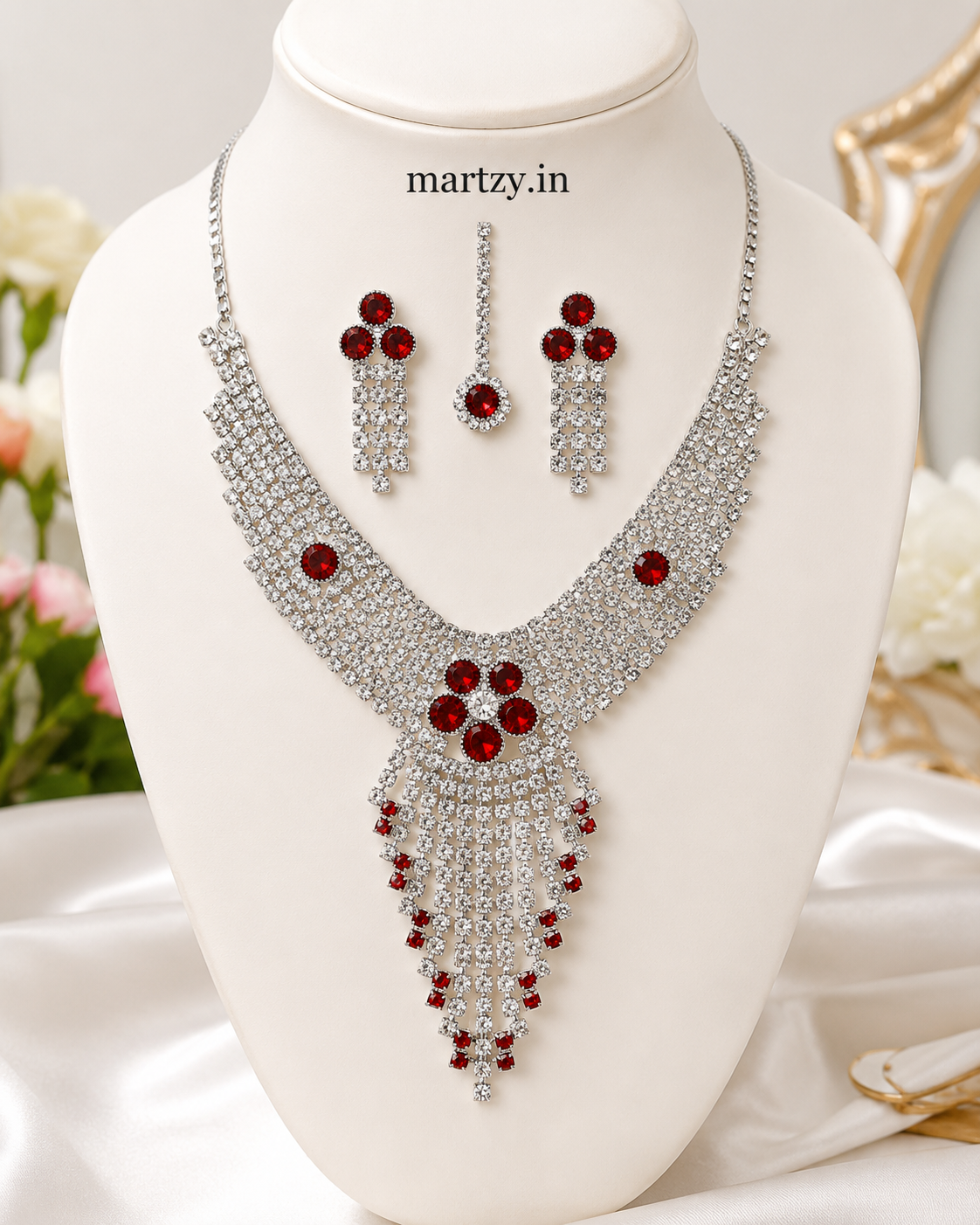 Martzy Silver Red Crystal Necklace Set with Earrings for Women