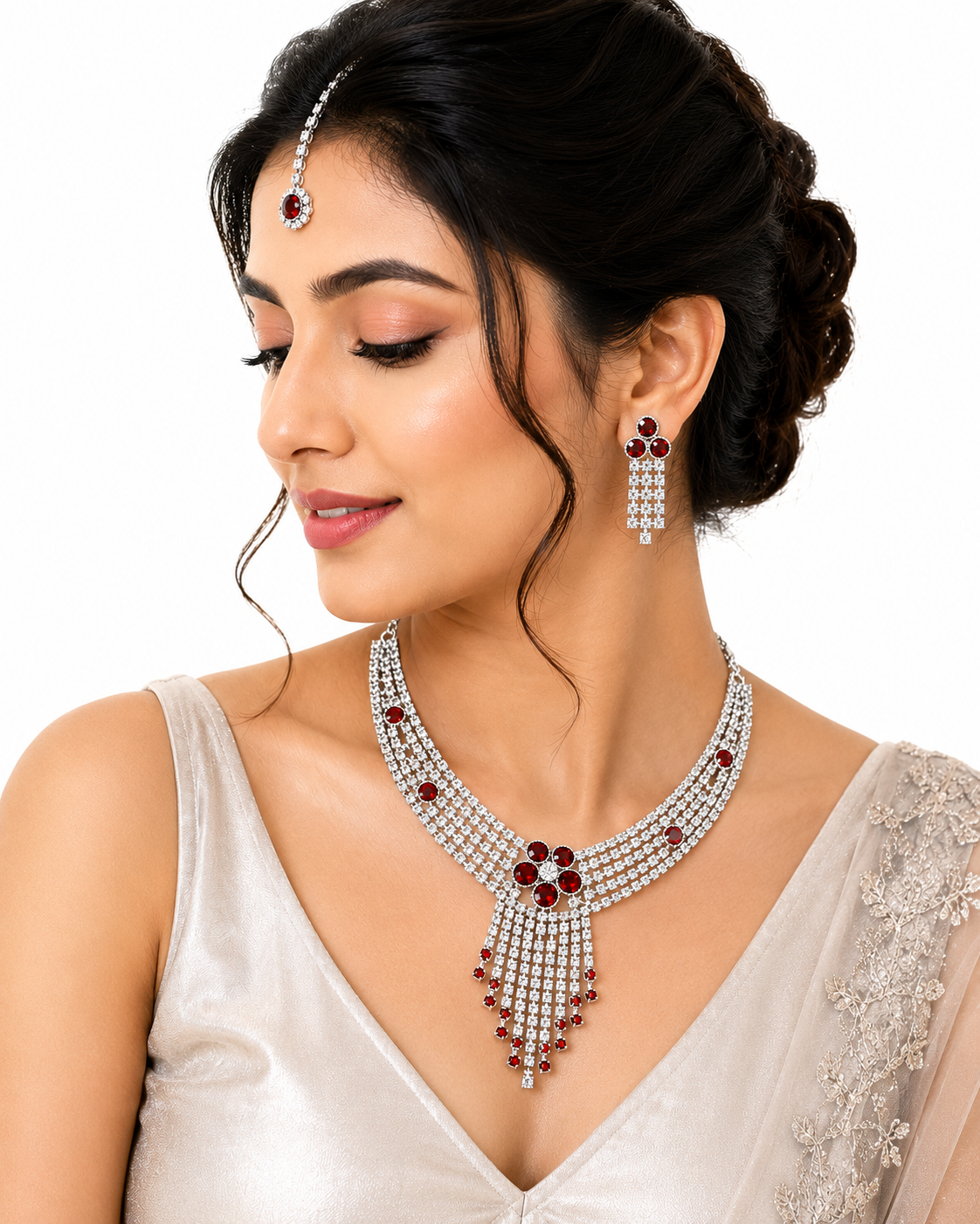 Martzy Silver Red Crystal Necklace Set with Earrings for Women