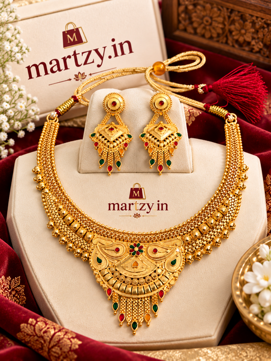 Royal Rajwadi Gold Plated Temple Choker Necklace Set with Earrings for Women