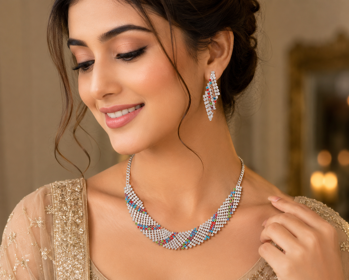 Martzy Rainbow Crystal Silver Necklace Set with Earrings