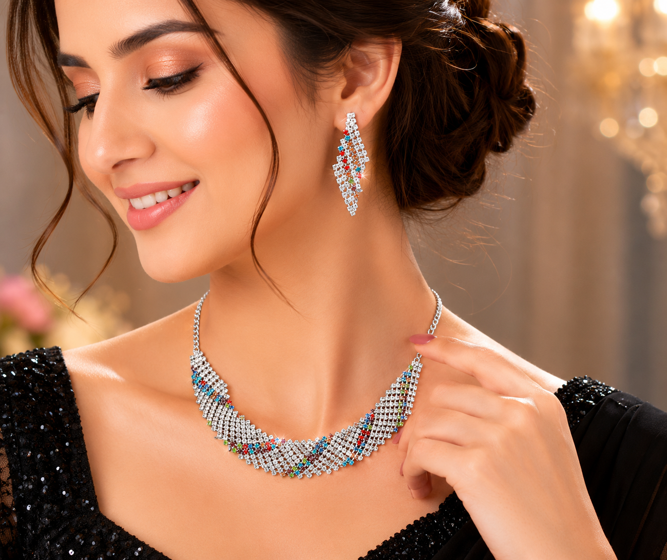Martzy Rainbow Crystal Silver Necklace Set with Earrings