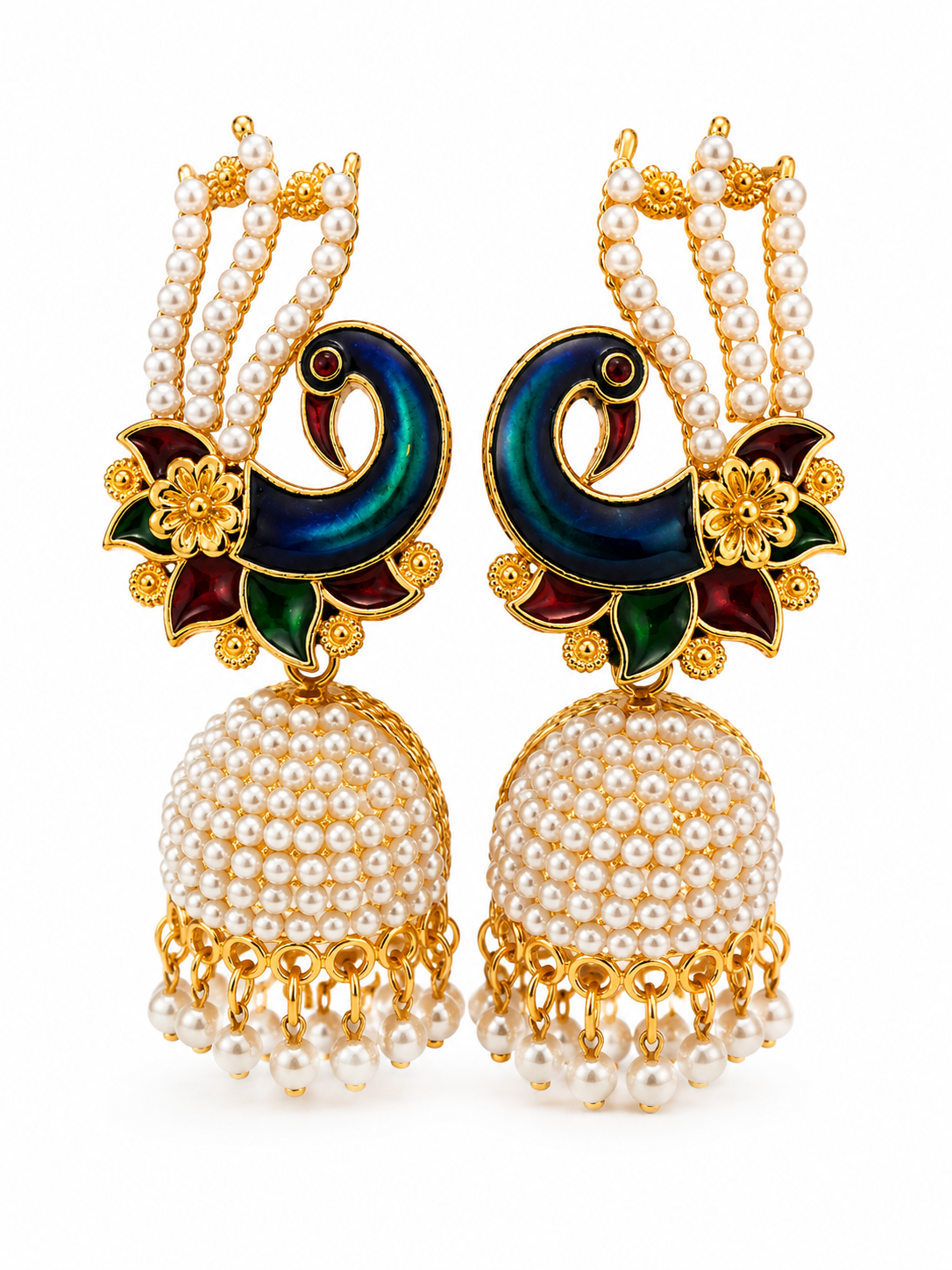 Martzy Royal Peacock Pearl Jhumka Earrings for Women