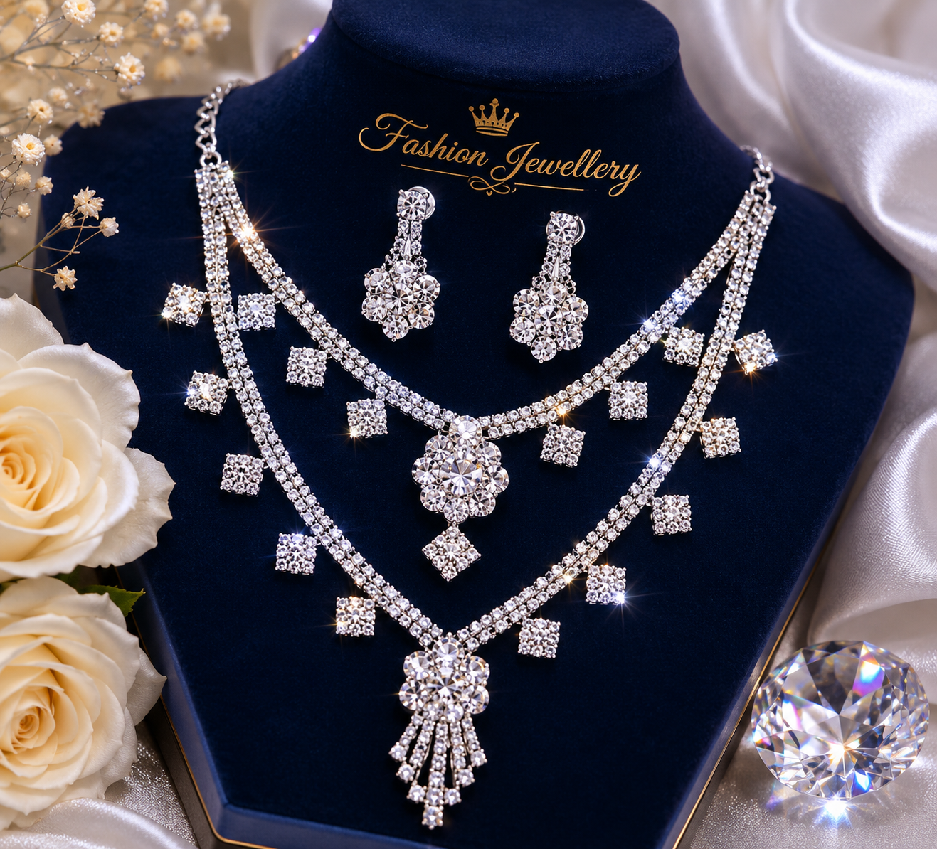 Martzy Silver Crystal Layered Necklace Set with Earrings for Women
