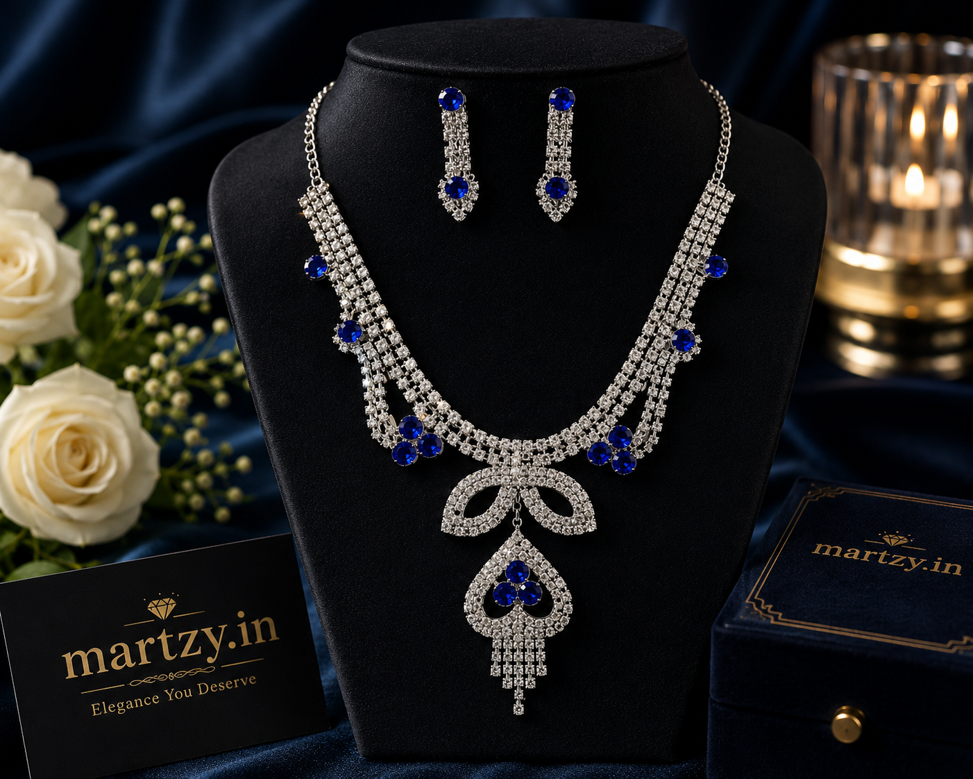 Martzy Royal Sapphire Crystal Necklace Set with Earrings