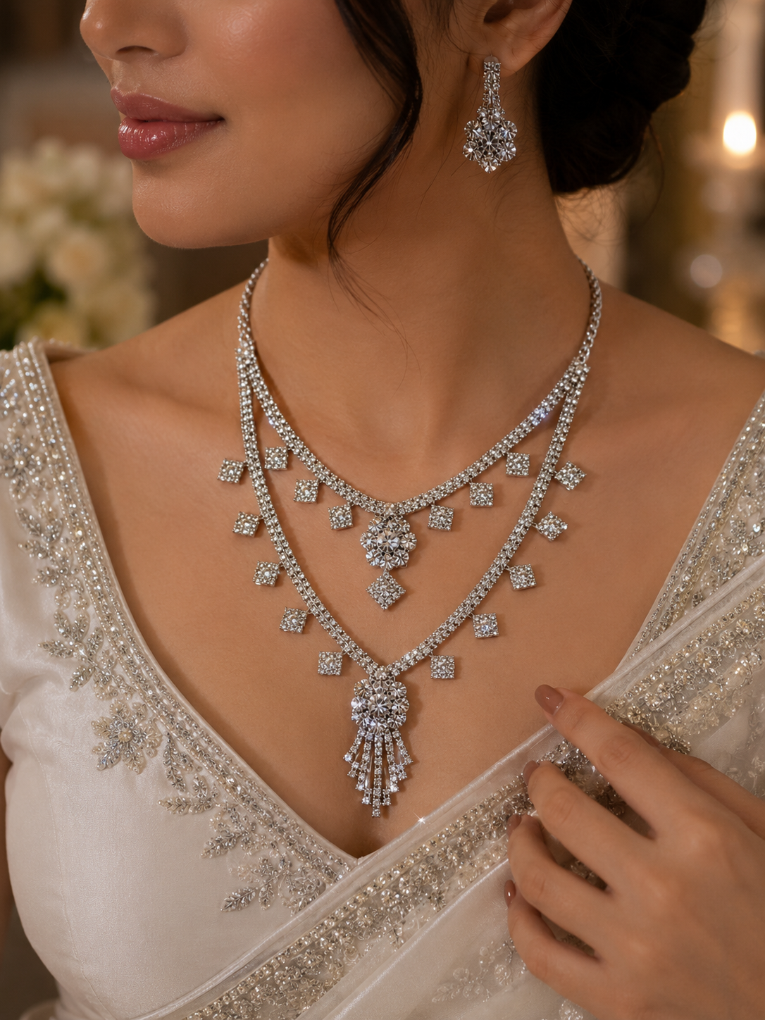 Martzy Silver Crystal Layered Necklace Set with Earrings for Women