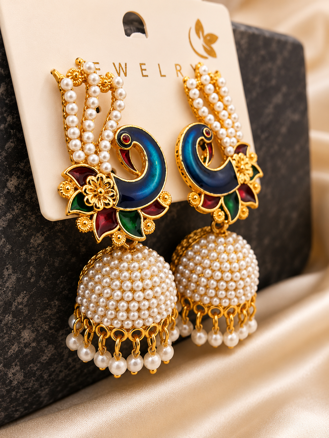 Martzy Royal Peacock Pearl Jhumka Earrings for Women