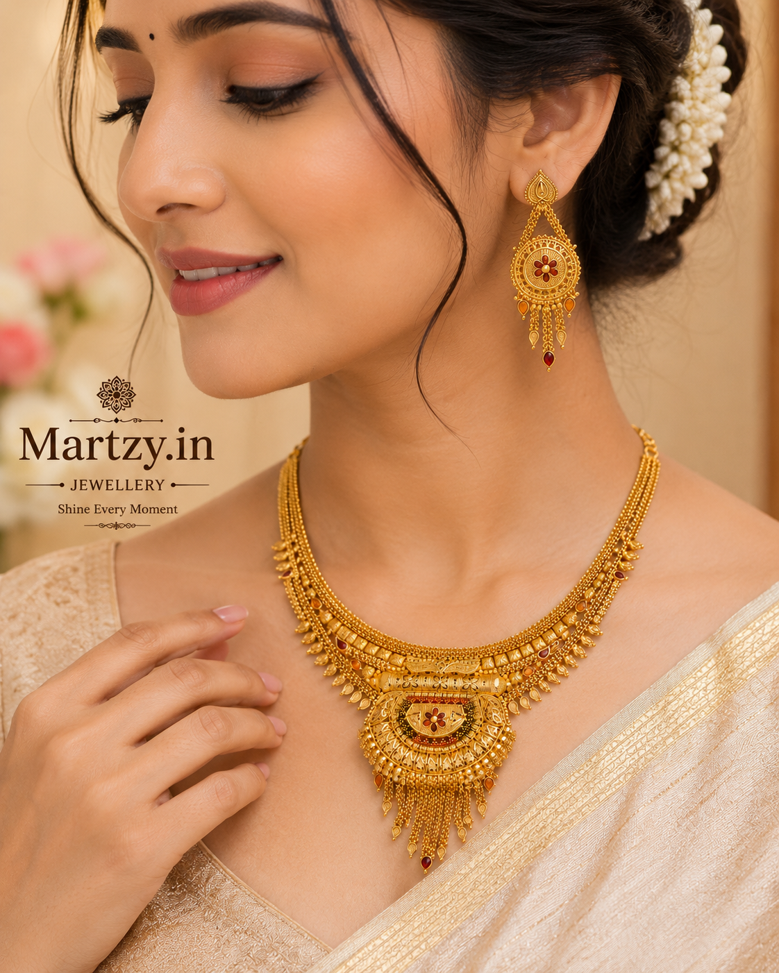 Martzy Royal Heritage Gold Necklace Set with Earrings for Women