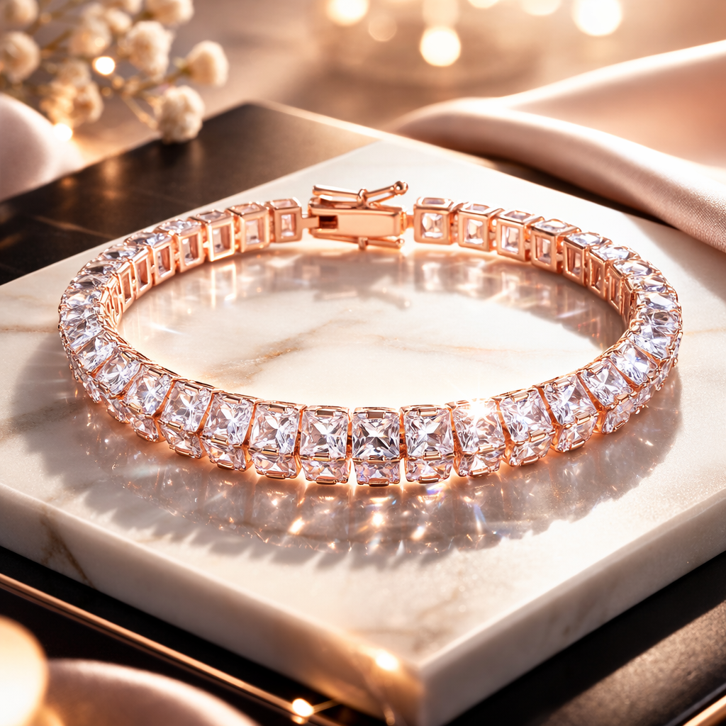 Premium Rose Gold Square Cut Crystal Tennis Bracelet for Women