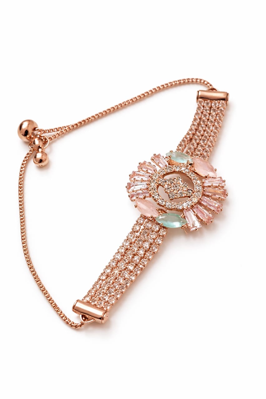 Rose Gold Floral Crystal Adjustable Bracelet for Women | Party Wear Designer