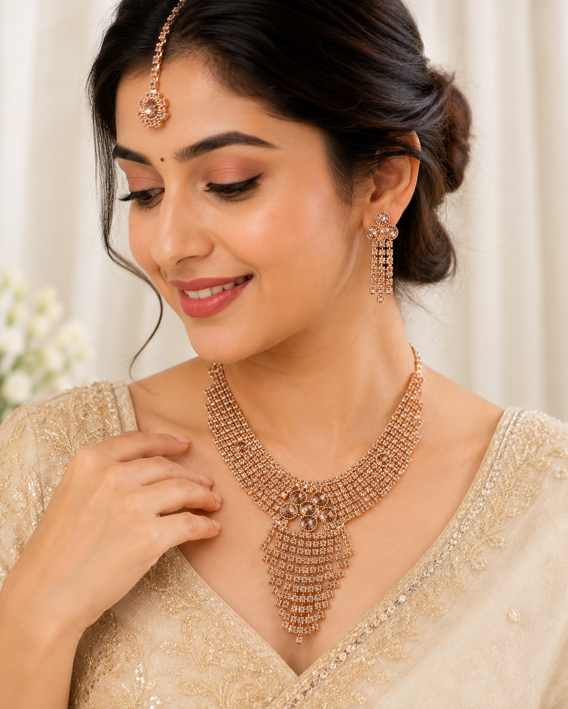 Martzy Rose Gold Crystal Necklace Set with Earrings for Women