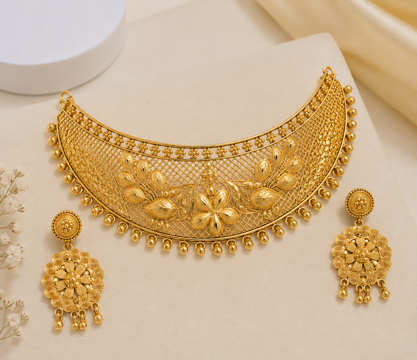 Martzy Royal Floral Gold Choker Necklace Set with Earrings