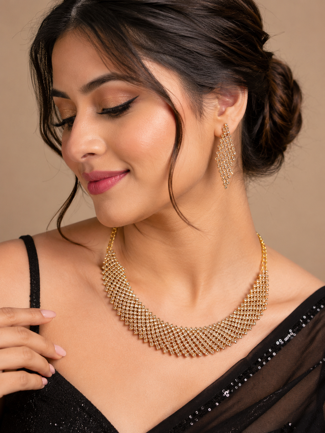 Martzy Rose Gold Crystal Necklace Set with Earrings for Women