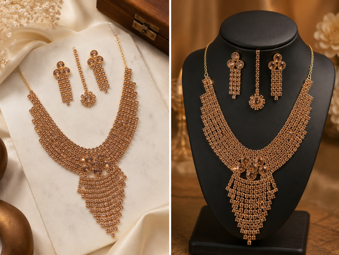 Martzy Rose Gold Crystal Necklace Set with Earrings for Women