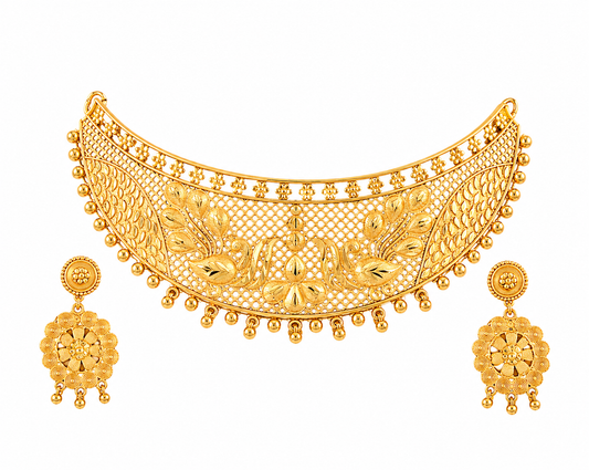 Martzy Royal Floral Gold Choker Necklace Set with Earrings