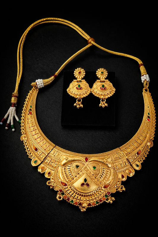 Royal Rajwadi Antique Gold Necklace Set with Earrings