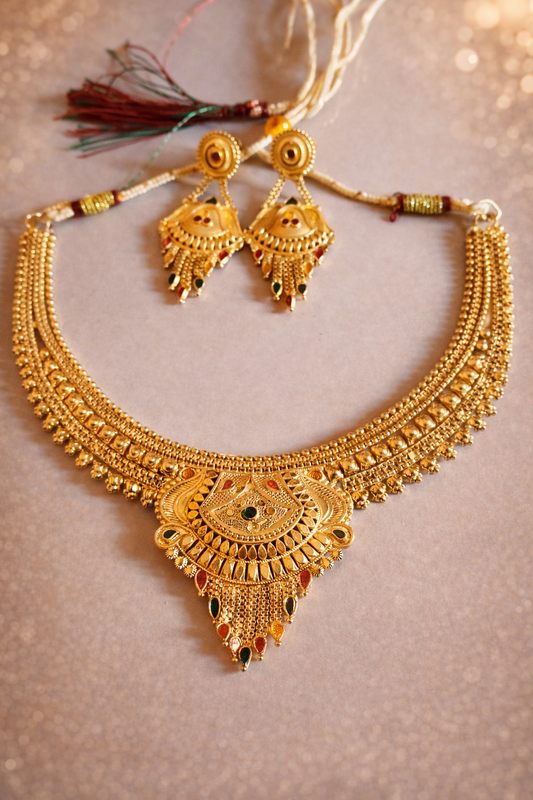 Royal Rajwadi Gold Plated Temple Choker Necklace Set with Earrings for Women