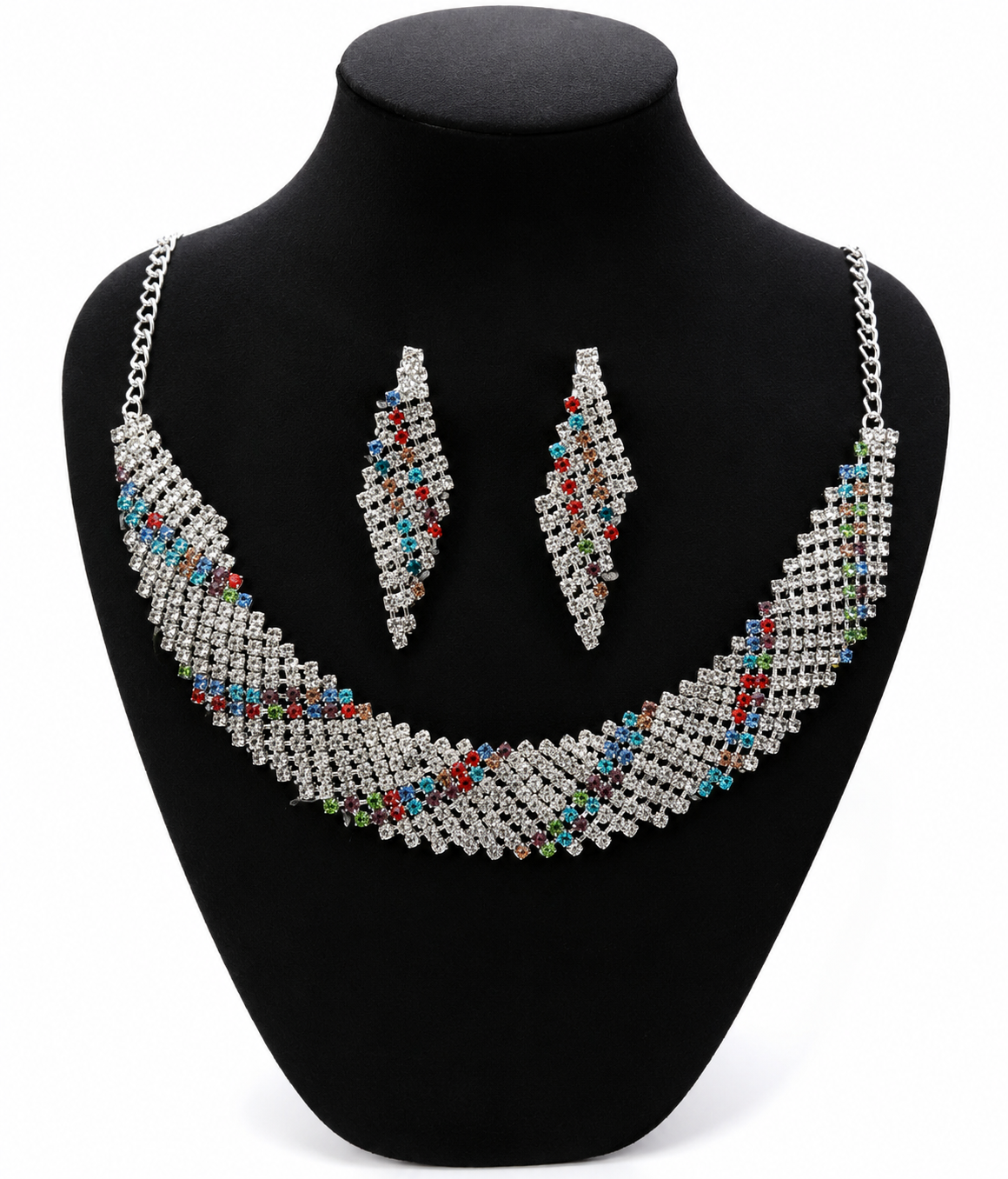 Martzy Rainbow Crystal Silver Necklace Set with Earrings