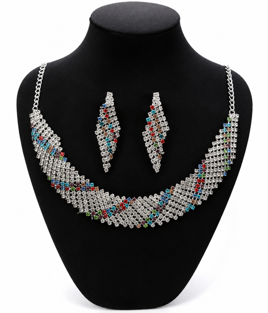 Martzy Rainbow Crystal Silver Necklace Set with Earrings