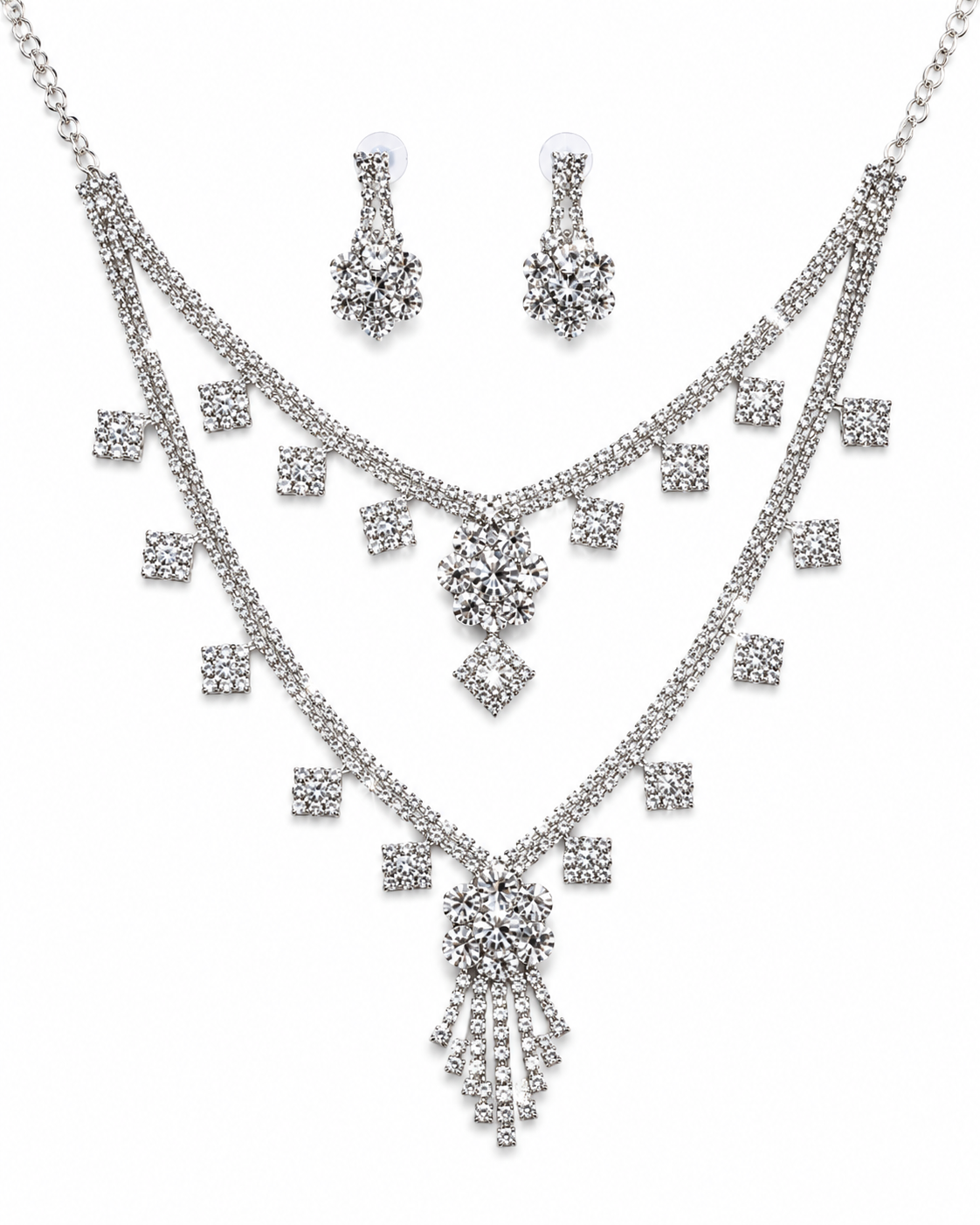 Martzy Silver Crystal Layered Necklace Set with Earrings for Women