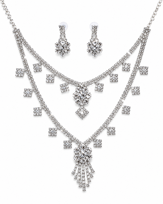Martzy Silver Crystal Layered Necklace Set with Earrings for Women