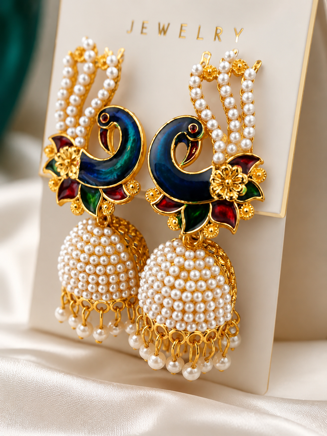 Martzy Royal Peacock Pearl Jhumka Earrings for Women
