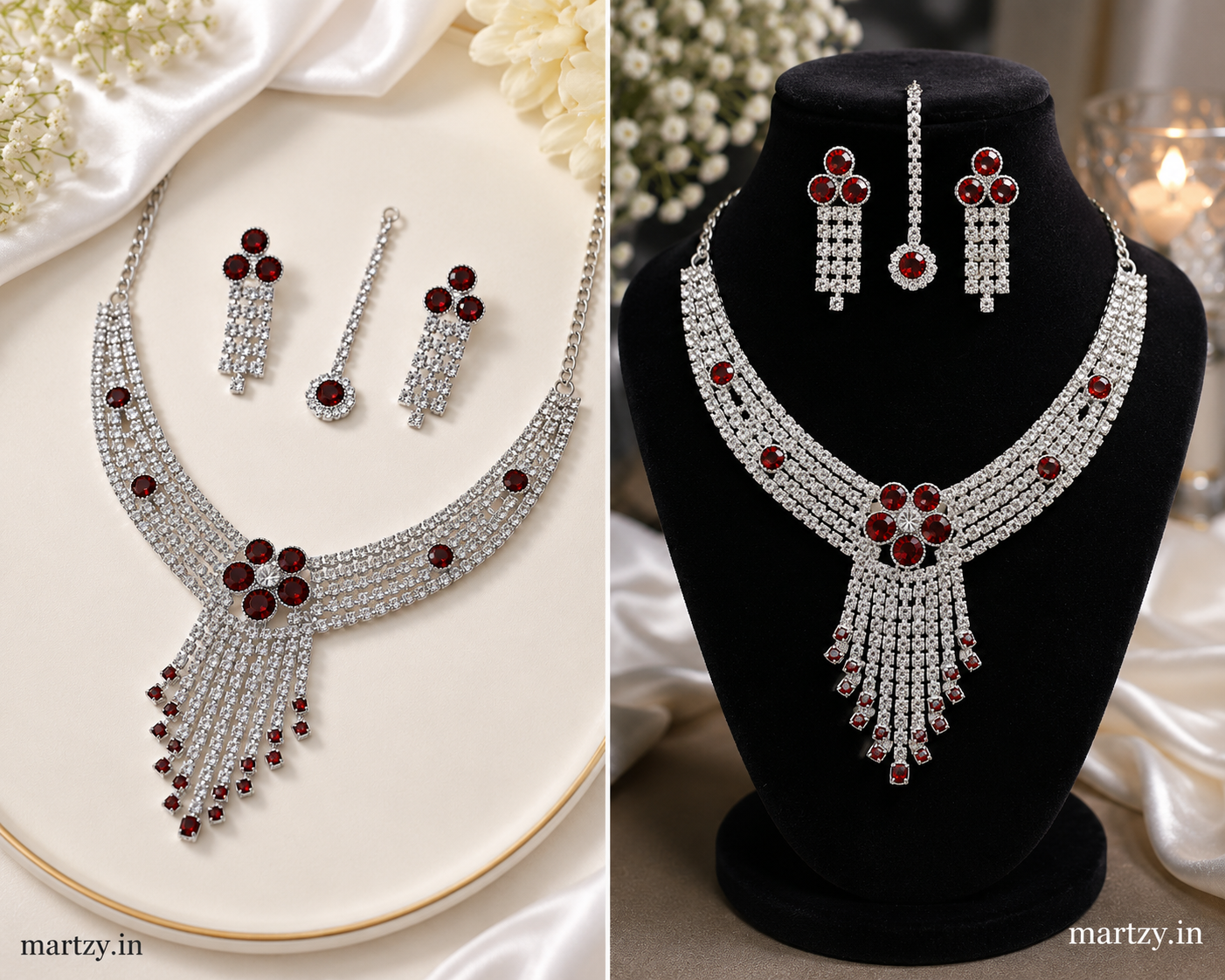 Martzy Silver Red Crystal Necklace Set with Earrings for Women