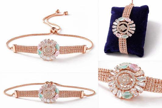 Rose Gold Floral Crystal Adjustable Bracelet for Women | Party Wear Designer