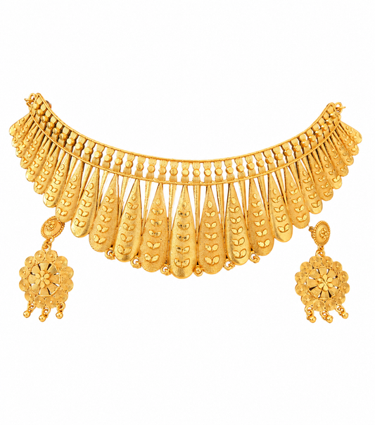 Martzy Royal Gold Petal Choker Necklace Set with Earrings for Women