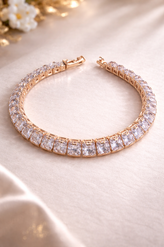 Premium Rose Gold Square Cut Crystal Tennis Bracelet for Women