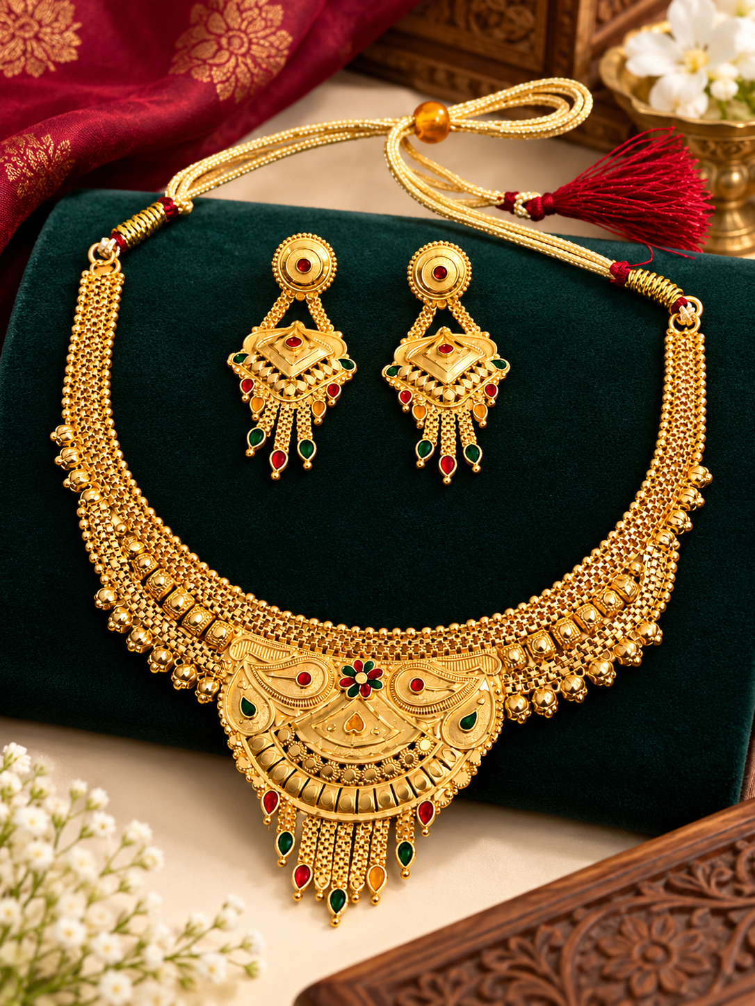 Royal Rajwadi Gold Plated Temple Choker Necklace Set with Earrings for Women