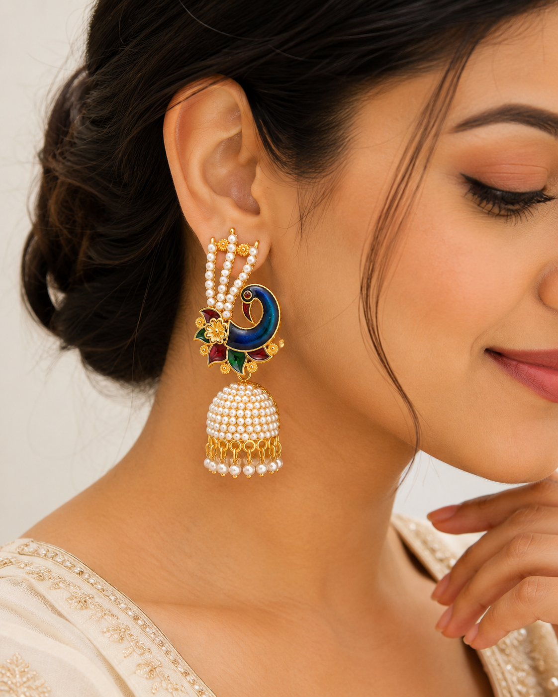 Martzy Royal Peacock Pearl Jhumka Earrings for Women
