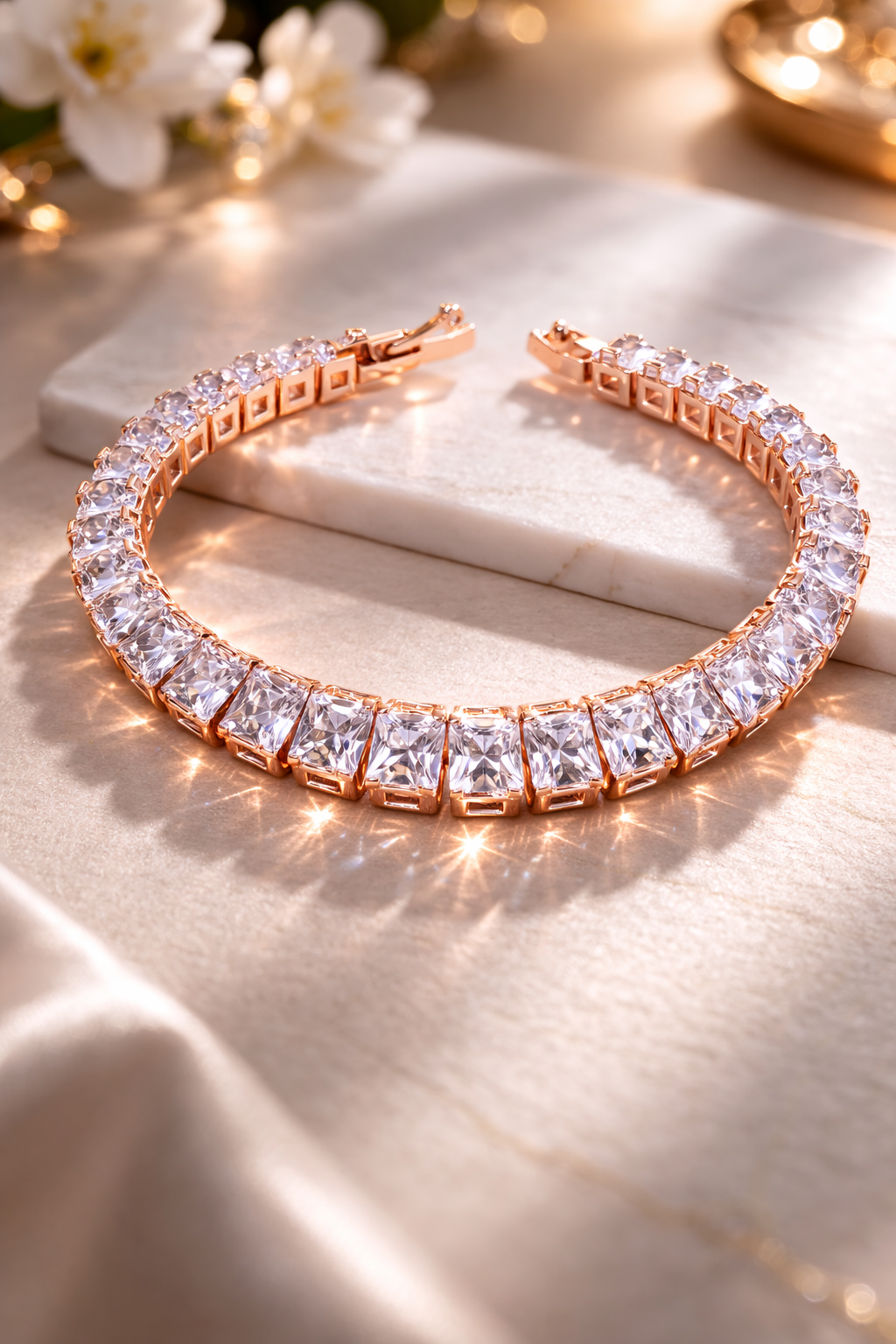 Premium Rose Gold Square Cut Crystal Tennis Bracelet for Women