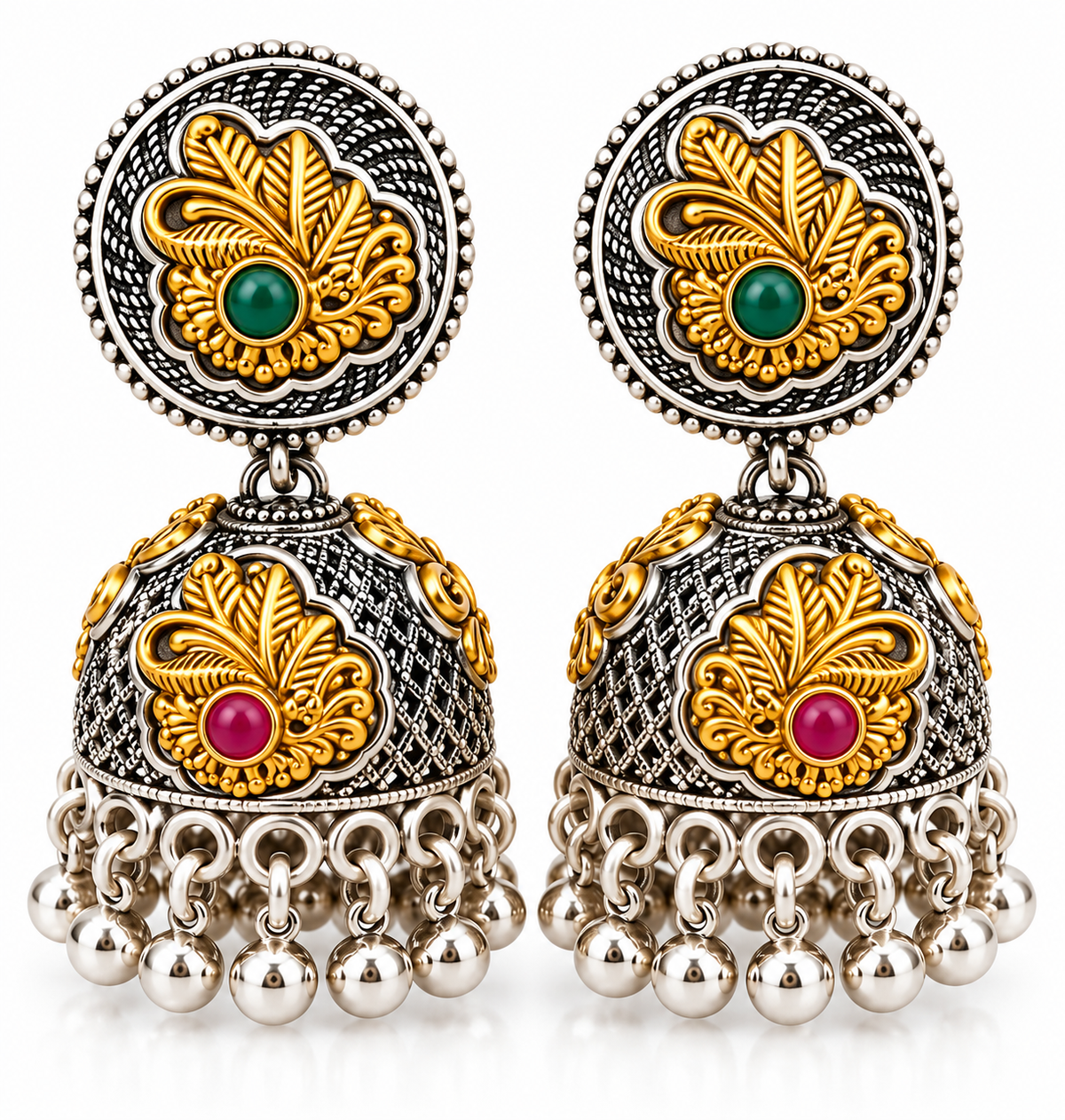 Martzy Royal Antique Green & Ruby Jhumka Earrings