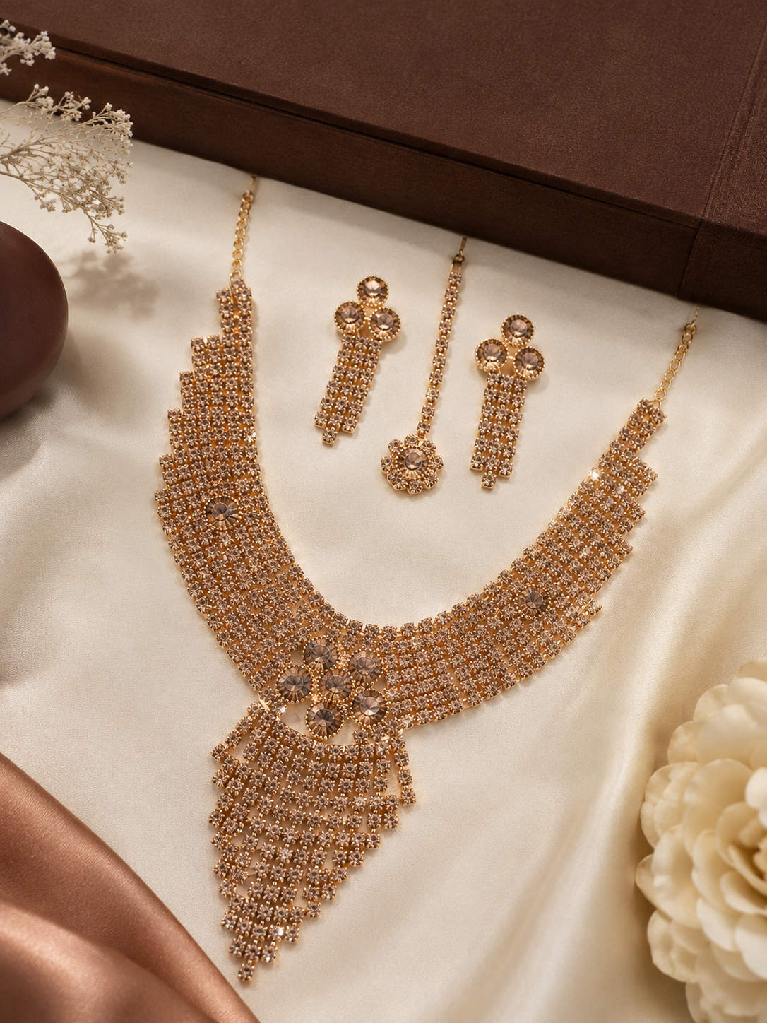 Martzy Rose Gold Crystal Necklace Set with Earrings for Women
