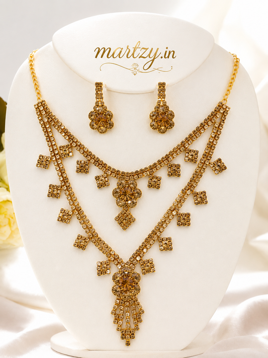Martzy Golden Blossom Crystal Necklace Set with Earrings for Women ✅