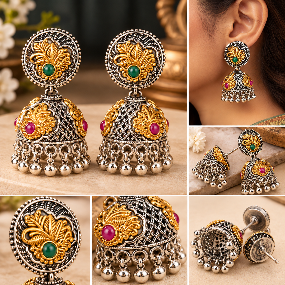 Martzy Royal Antique Green & Ruby Jhumka Earrings