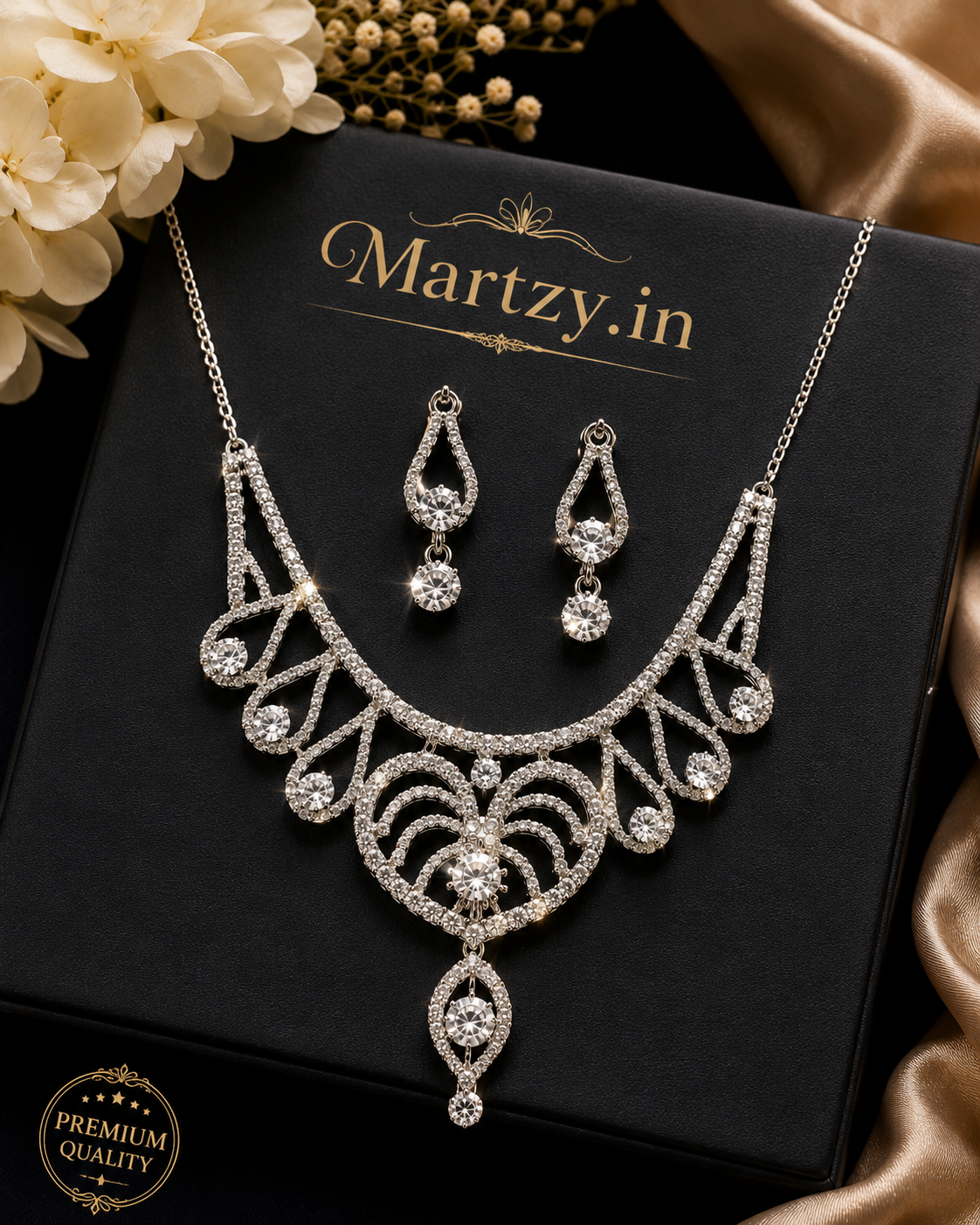 Martzy Silver Crystal Elegance Necklace Set with Earrings for Women ✅