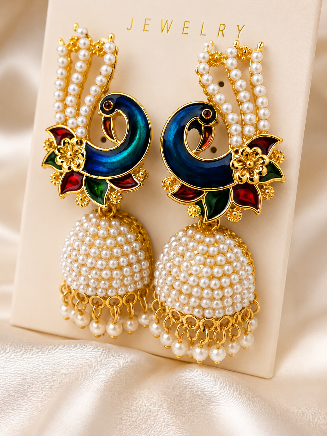 Martzy Royal Peacock Pearl Jhumka Earrings for Women