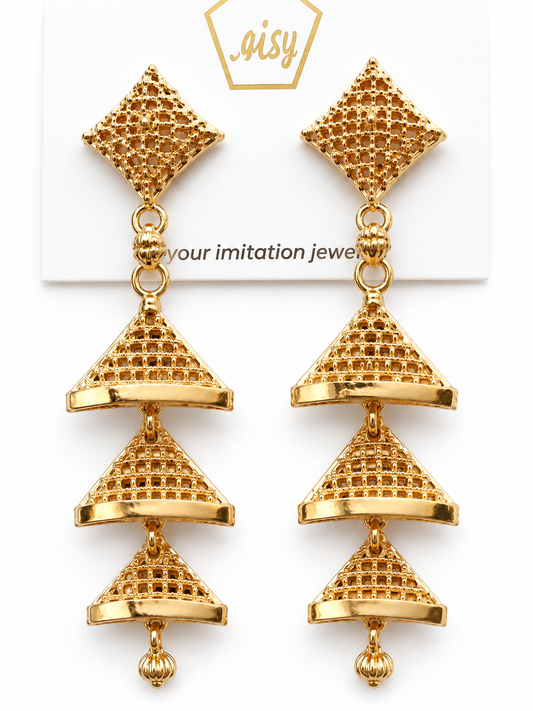 Martzy Gold Tone Pyramid Layered Dangler Earrings for Women