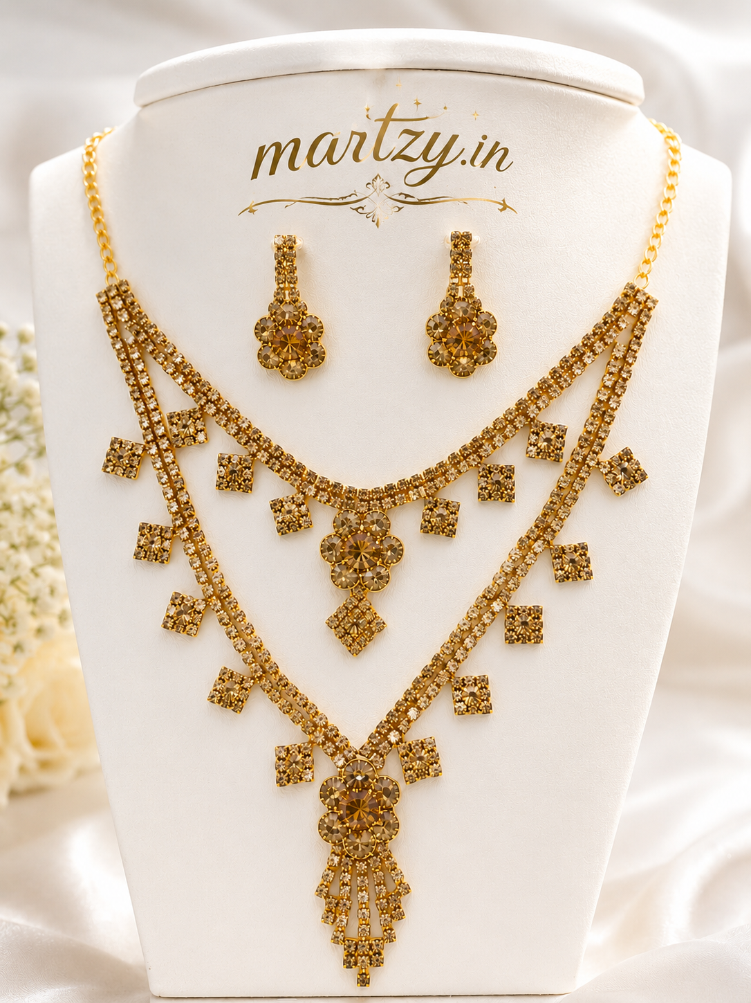 Martzy Golden Blossom Crystal Necklace Set with Earrings for Women ✅