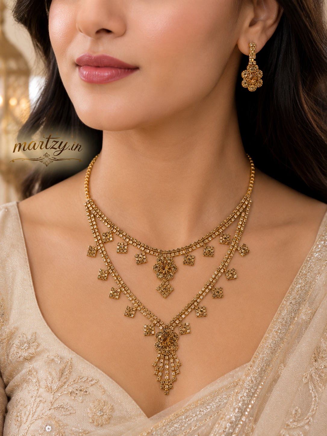 Martzy Golden Blossom Crystal Necklace Set with Earrings for Women ✅
