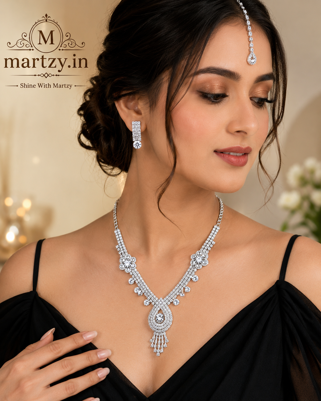 Martzy Crystal Blossom Royale Necklace Set with Earrings for Women